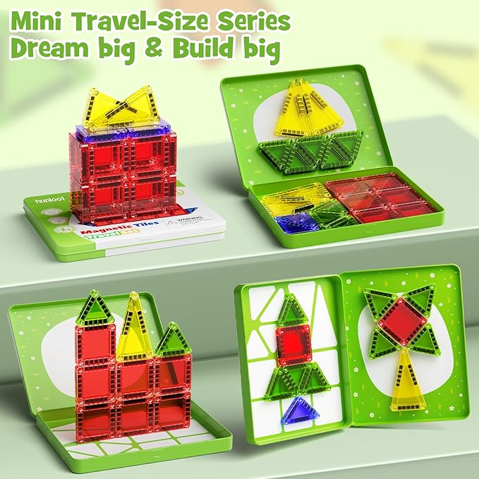 Mini Magnetic Tiles - 26PCS Travel Magnetic Building Set with Storage Iron Box, STEM Educational Toys for Kids Ages 3+ Portable Construction Toys for Toddlers Boys & Girls