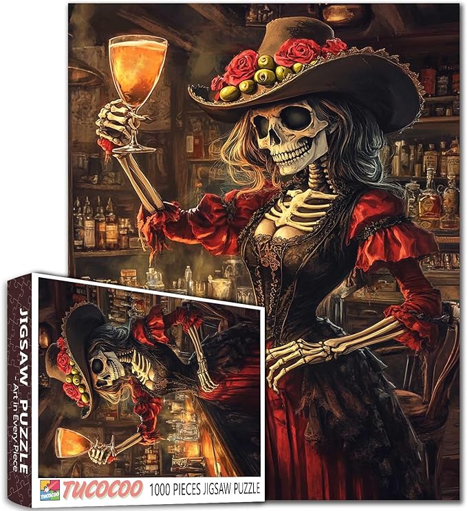 Skeleton Woman Halloween Jigsaw Puzzles for Adults 1000 Pieces Tavern Day of The Dead Art DIY Craft for Home Decor Gifts Family Puzzle Perfect for Game Nights 19.7 x 27.6 Inch