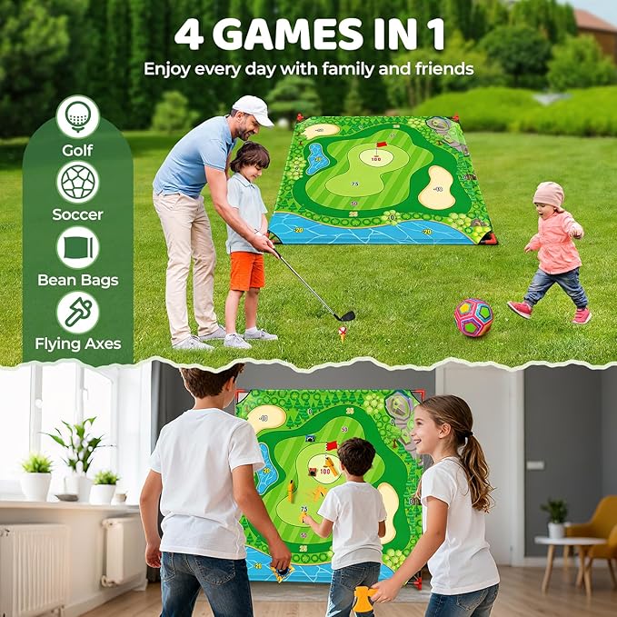 DyBaxa Golf Chipping Game - Golf Battle Game for Kids, 54*54 Golf Target Mat with 16 Sticky Balls, 8 Bean Bag, 6 Axe, 2 Soccer, Perfect for Family Fun, Outdoor Lawn, Poolside, Backyard Party Activity