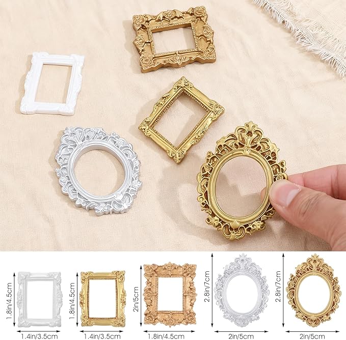 YUXIANLB 5 Pcs Miniature Dollhouse Mirror Set with Carved Golden Edges, European Style Victorian Baroque Wall Decor for 1/12 Scale Dollhouse Display, Mini Furniture Accessory Gold, White, Silver