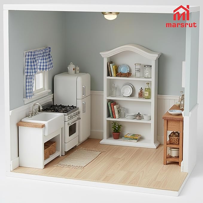 Dollhouse Bookcase 1:12 Scale Miniature Mini Bookshelf Doll House Book Shelves for Small Items Accessories Furniture Wooden 4 Floors Display Cabinet Decoration Home Bedroom, White