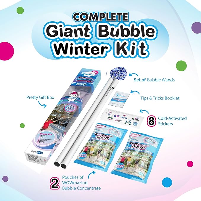 WOWMAZING Giant Bubble Kit Winter – Bubble Wand, 2 Big Bubbles Mix Pouches, 8 Cold-Activated Stickers for Outdoor Winter Fun |Bubbles Made in USA