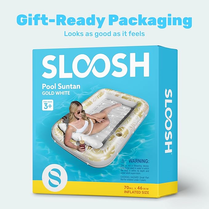 SLOOSH Inflatable Tanning Pool Lounger Float, 70" x 46" Pool Floats Adult with Pillow, 4 in 1 Suntan Tub Raft Floatie,Sunbathing Bed Lounge for Water Blow Up Kids Ball Pit Party Gifts, L-Golden White