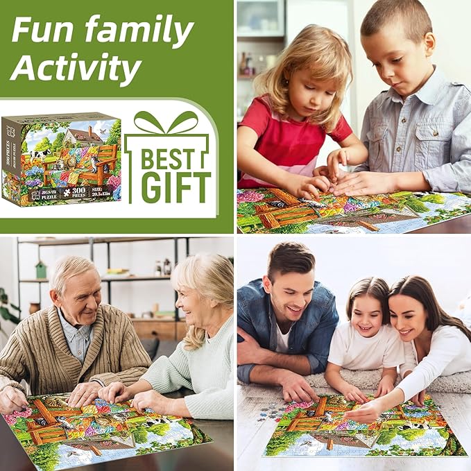 300 Pieces Puzzles for Adults,Cats Cow Animal Puzzle for Adults,300 Pieces Puzzles for Seniors Large Piece,Quilt House Jigsaw Puzzle for Kids Ages 8-10,Challenging Family Game, 20.5x15 in
