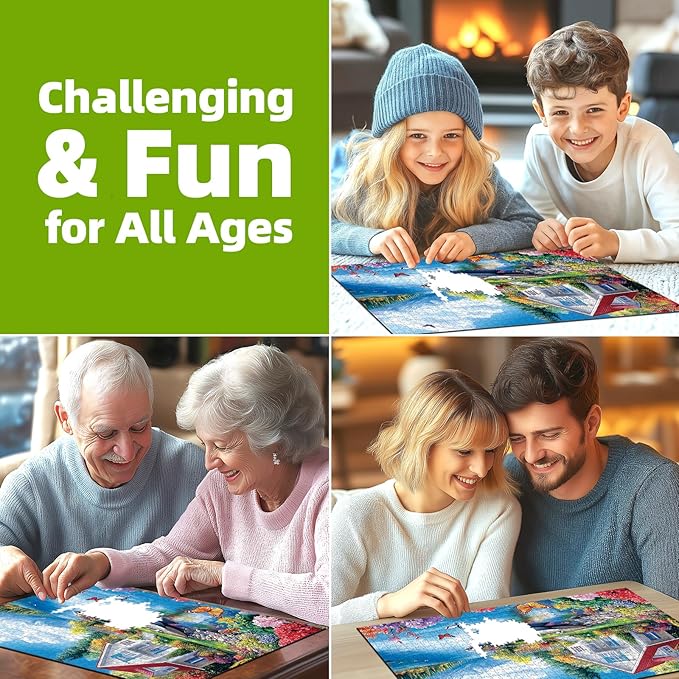 1000 Piece Jigsaw Puzzle for Adults, Lakeside Cottage Mountain House Puzzles for Family, Decoration, Gifts, Party Game, Finished Size 27.5" x 19.7"