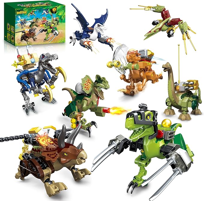 700 Piece Dinosaur Building Set - 8 Battle Dinosaurs with Launchable Weapons, Compatible Building Blocks, STEM Educational Toy for Kids Ages 8-14