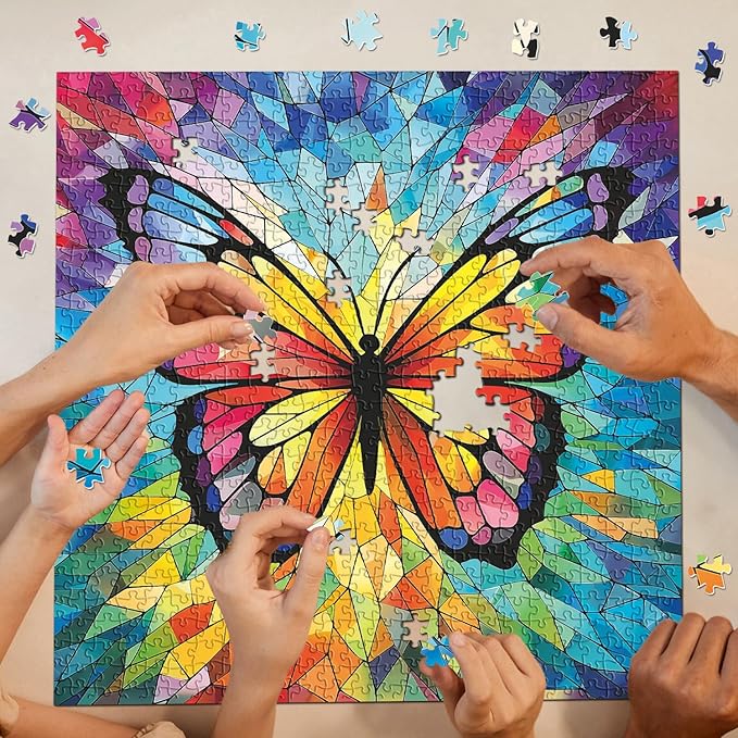 Stained Glass Butterfly Puzzles 1000 Pieces for Adults, Rainbow Mosaic Butterflies Jigsaw Puzzles, Colorful Wall Art Puzzles as Home Decor