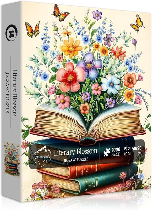 Wildflower Pages Puzzles for Adults 1000 Pieces, PICKFORU Vintage Literary Blossom Jigsaw Puzzle, Retro Flower Book Page Floral Themed, Spring Plant Art Puzzles for Adults