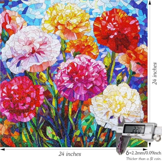 Bgraamiens 1000 Pieces Stained Glass Puzzle - Carnations Art Puzzle with Blooming Flowers, Color Challenge for Adults