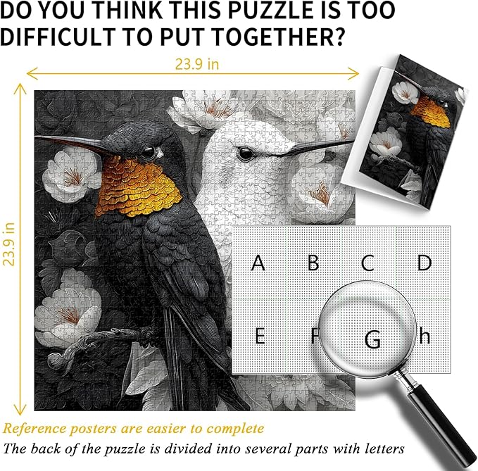 PICKFORU Yinyang Hummingbirds Jigsaw Puzzles 1000 Pieces for Adults, Black White Hummingbird Adult Puzzles, Nature Balance Animal Flowers Puzzle