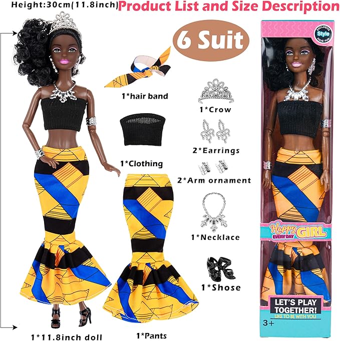 dollbie 6 Pack African American Fashion Dolls Set with Mix & Match Outfits – 11.5" Posable Black Dolls & 5 Accessories Each (Crown, Necklace, Headscarf & More) + Pink Gift Case