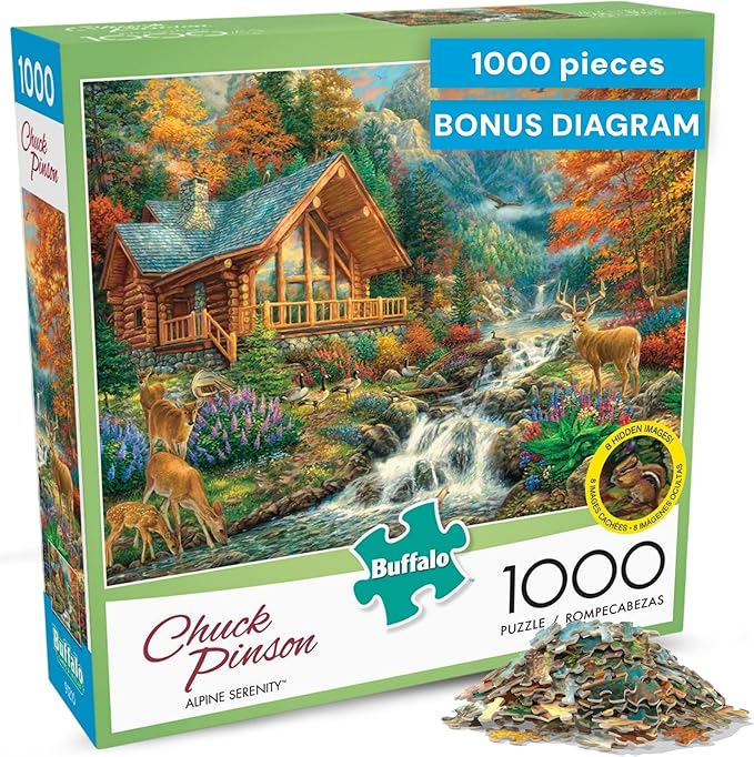 Buffalo Games - Alpine Serenity - Chuck Pinson - 1000 Piece Autumn Jigsaw Puzzle for Adults - Fall Mountain Cabin Scene - Challenging Puzzle for Game Nights - Finished Size 26.75 x 19.75 - Made in USA