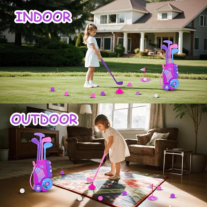 Nattork Toddler Golf Set with Putting Mat for Boys Girls Aged 1 2 3 Years Old, Upgraded Kids Golf Cart with 4 Clubs & 12 Balls, Outdoor Indoor Sports Toy Birthday Gift, Rose
