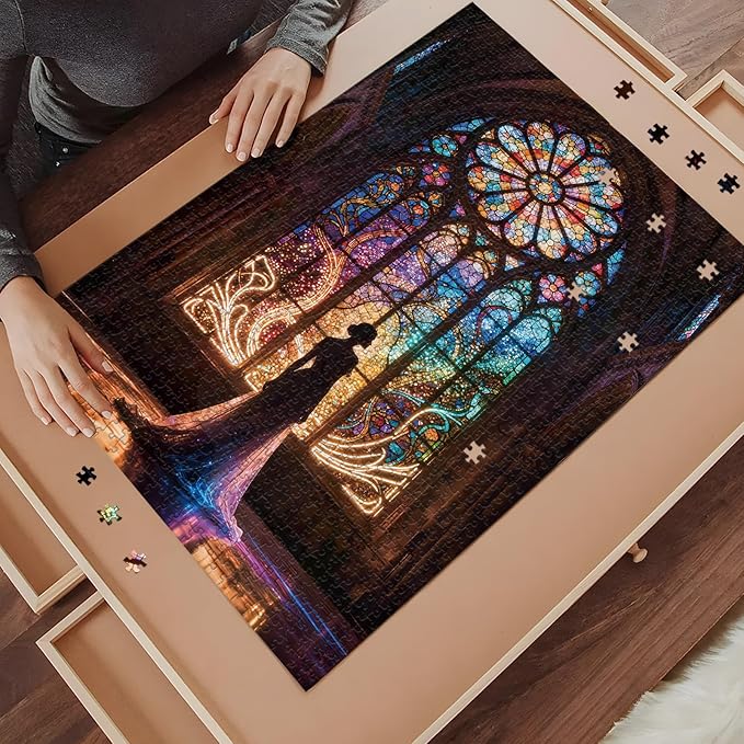 Cathedral Stained Glass Jigsaw Puzzle 1000 Pieces for Adults - Neon Light Effect Puzzle, Impossible Challenge Puzzle Decorative Wall Art for Living Room, Unique Gift 50x70cm (19.7x27.56in)