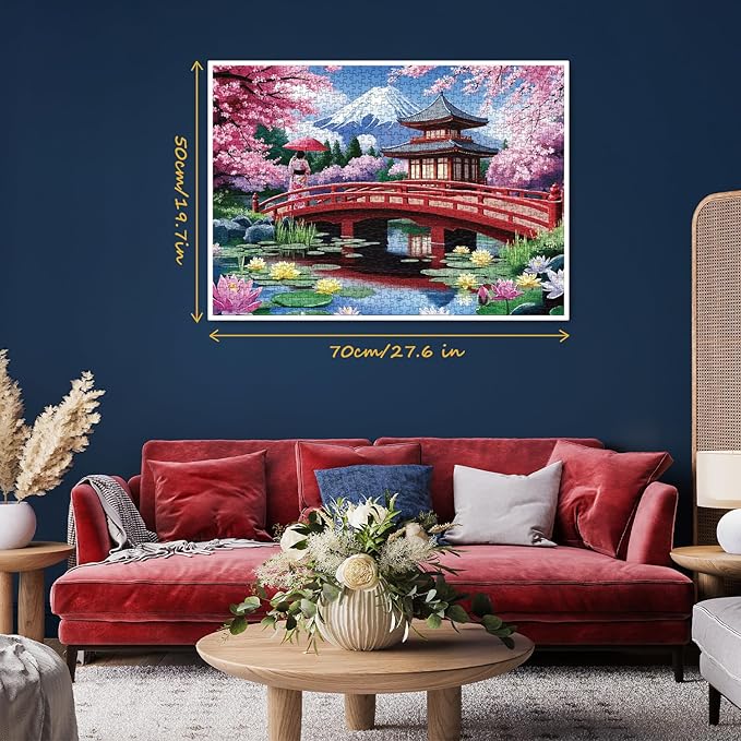Japan Garden Landscape Puzzle for Adults 1000 Pieces, Flower Floral Mountain Jigsaw Puzzle, Beautiful Cherry Blossom Lotus Asian Japanese Puzzle