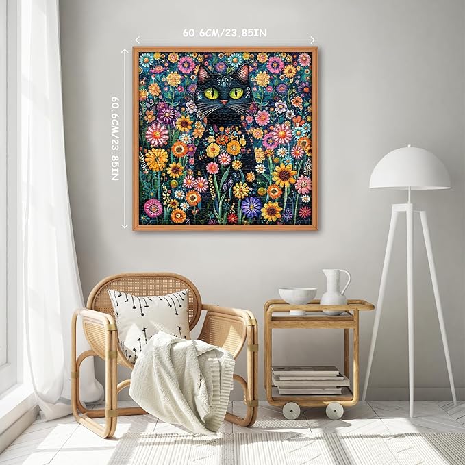 Cat Jigsaw Puzzle for Adults 1000 Pieces, Black Cat Garden Flowers Plants, Kitten Animal Themed Puzzle, Challenging for Adults Kitty