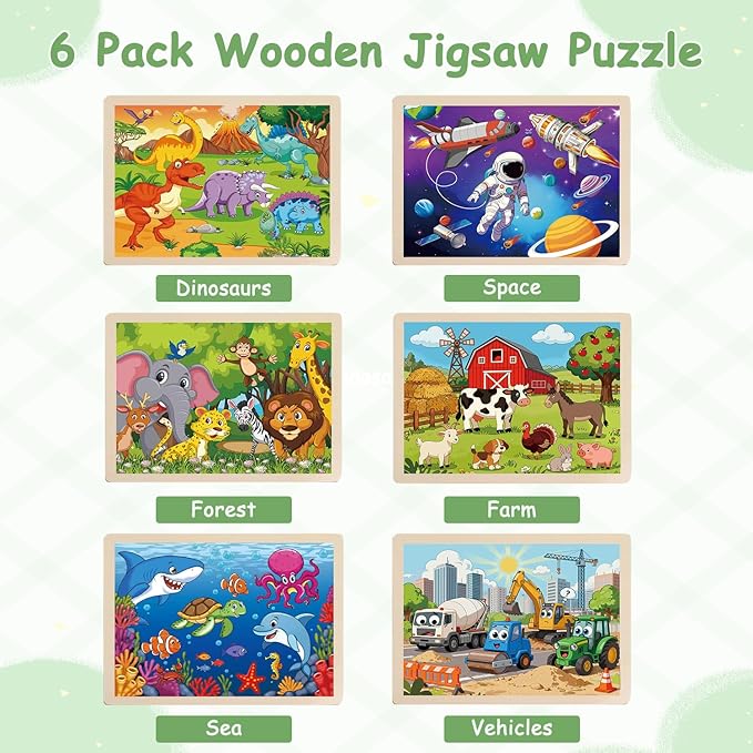 Wooden Puzzles for Kids Ages 4-8, 6 Pack 60 Piece Jigsaw Puzzle Set, Preschool Educational Brain Teaser Toys with Animals Dinosaur Space & Vehicles, Educational Toys for Boys and Girls