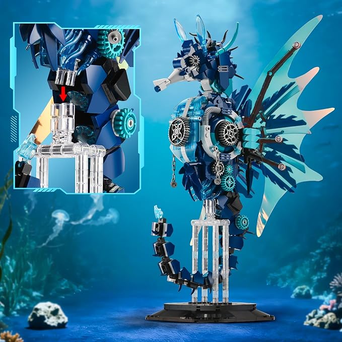 BNG Mechanical Seahorse Building Set for Adult,Movable Ocean Animal with Display Stand,Sea Fish Building Block Toy,Home Decor Gift for Adults Teens Kids Boys Ages 8+(1003PCS)