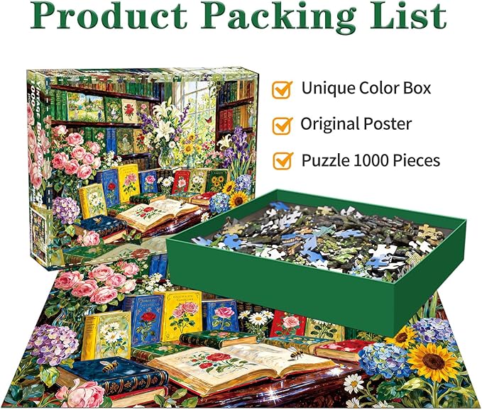 1000 Piece Jigsaw Puzzle for Adults- Enchanted Library Floral Garden Art – Challenging Paper Puzzle with Vibrant Books Flowers & Nature Details | Perfect for Game Nights Home Decor Book Lover Gifts