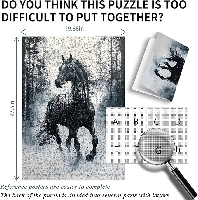 PICKFORU Vintage Horse Puzzles for Adults 1000 Pieces, Retro Watercolor Nature Animal Jigsaw Puzzles, Impossible Ink Painting Tree Adult Puzzle