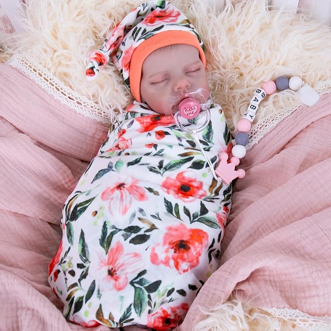 Aori Reborn Baby Dolls Clothes Newborn Receiveing Blanket with Floral Hat and Headband Set Nursery Swaddle Wrap for 17-20 inch Reborn Dolls