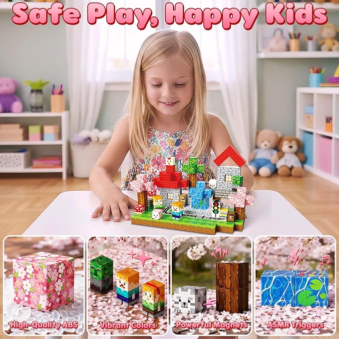 Magnetic Blocks, 200PCS Magnetic Building Blocks, Stacking Magnets for Kids, Sensory Toy for STEM Constructions Magnet Blocks for Boys Girls Age 3+, Christmas Birthday Gifts, Pink Sakura Traffic