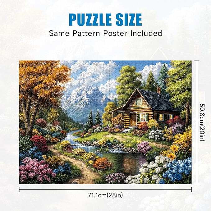 1000 Piece Jigsaw Puzzle for Adults, Mountain Cabin Landscape with Stream & Flowers, Back with Letters, Ideal for Home Decor & Puzzle Lover Gifts