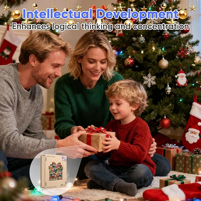 Mocfesk 495 Pieces Snowy Building Wooden Puzzles for Adults and Kids, Christmas Winter Town Puzzles for Family, Unique Shaped Wooden Puzzles Gift Box, Holiday Activity Family Fun 13.7'' x 17.8''