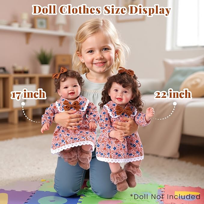 BABESIDE 5 Pcs Reborn Baby Doll Clothes Set for 17-22 Inch Dolls, Cute Floral Doll Dress with Bow Hair Clips Socks and Diaper Reusable for Reborn Baby Dolls Accessories