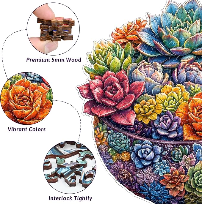 216 Piece Colorful Succulent Bowl Wooden Jigsaw Puzzle for Adults - 12.2x12.6’’ Vibrant Floral Plant Puzzle, Relaxing Family Activity, Unique Gift for Garden & Nature Lovers (Succulent)