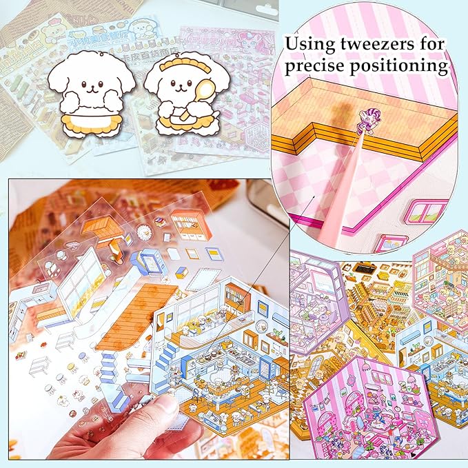 DIY 3D Sticker Scene, 6 Sets of Cute Miniature Isometric Stickers for Kids Adult Therapy Scenes Sticker Reuseable and Waterproof Stickers for Girl, Holiday & Christmas Fun