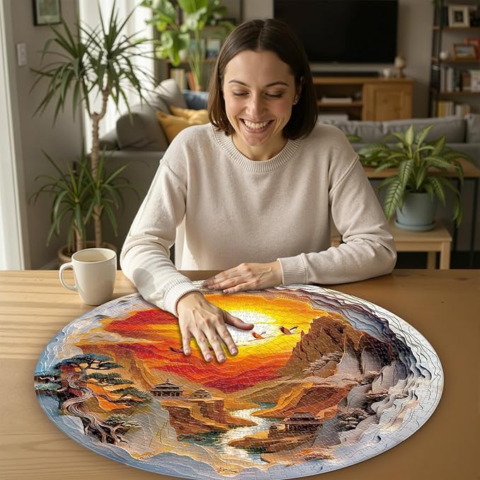 Round Jigsaw Puzzle 1000 Pieces - 3D Paper-Cut Style Golden Sunset - 26.6" Circular Challenge, Oriental Crane Landscape, Mindful Stress Relief Gift