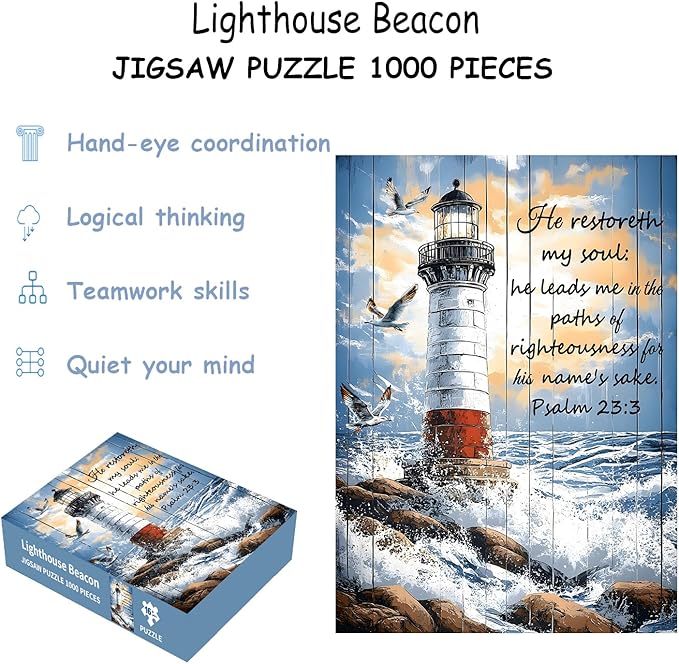 Puzzles for Adults 1000 Pieces, Lighthouse Jigsaw Puzzles - Lighthouse Beacon, Impossible Christian Bible Puzzle for Seniors Families,27.56x19.69 Inches, 1:1 Poster, Letter on The Back