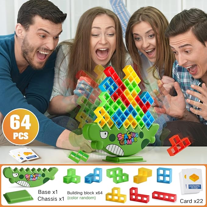 Dinosaur Tower Stack Game, 64PCS Large Smooth Blocks – Vibrant STEM Toy Gift for Kids 3+ & Adults | Stacking Balance Game Builds Focus & Creativity | Ideal for Classroom, Parties & Social Play