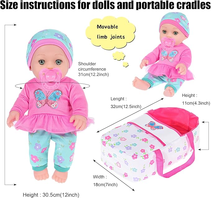 ebuddy 12 inch Baby Doll and Accessories-Reborn Baby Dolls Real Life Baby Dolls with 1 Sets Clothes,Carry Basket,Bunny Plush Toy,Pacifier, Bottle