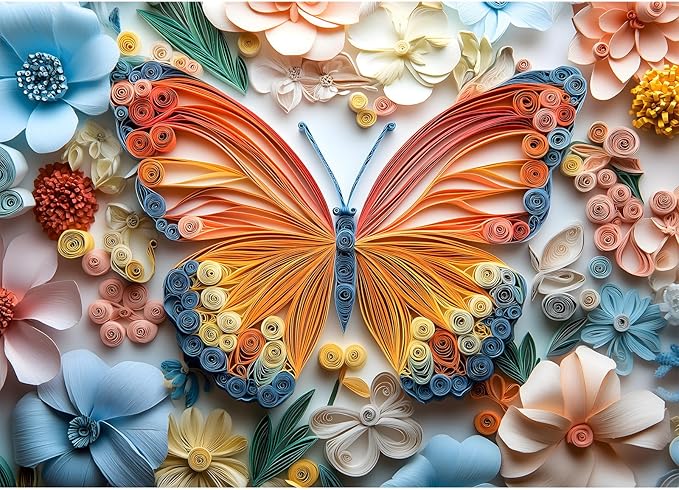 Jigsaw Puzzle 1000 Pieces Quilled Paper Butterfly Puzzle – Enchanted Nature Puzzle, Whimsical 3D Spring Florals, Challenging Adult Wall Art