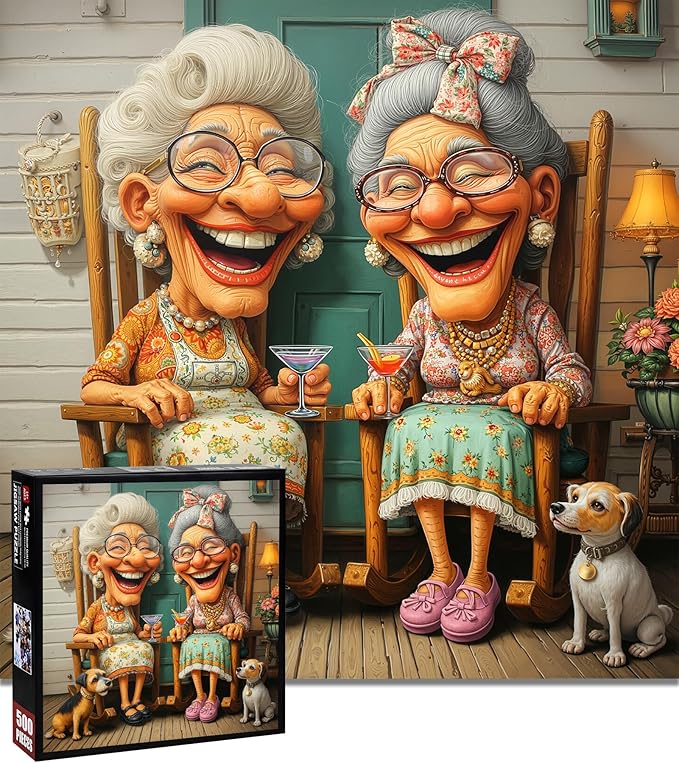 Happy Grandma Paper Puzzles for Adults 500 Pieces - Funny Old Sisters Jigsaw Puzzle Porch Scene, Senior Women Best Friends Puzzle, Home Decor Challenge Commemorative Gift for Old People