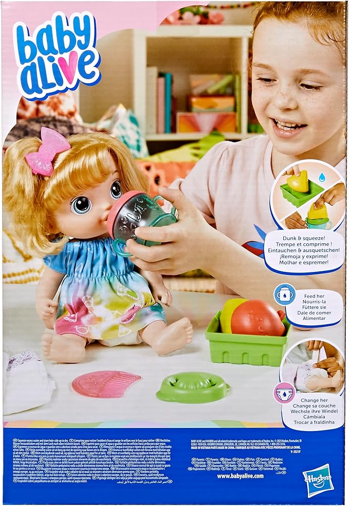 Baby Alive Fruity Sips Doll, Apple, Toys for 3 Year Old Girls, 12-inch Baby Doll Set, Drinks & Wets, Pretend Juicer, Kids 3 and Up, Blonde Hair