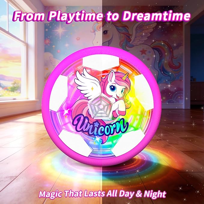 Unicorn Hover Soccer Ball for Girls, Light Up Air Floating Toys for Girls Age 3 4 5 6 7 8 9 10 11 12, Indoor Toy Birthday Gifts, Kids Games with LED Lights Foam Bumper, Kids Stocking Stuffers