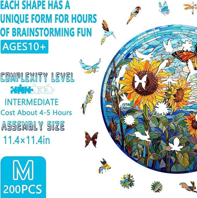 Wooden Puzzles for Adults - Stained Glass Sunflower Wooden Puzzle, Unique Shape Wood Jigsaw Puzzle for Adults, Wood Puzzles Adult, Gifts for Family, Wall Art Home Decor (200pcs 11.4 * 11.4in M)