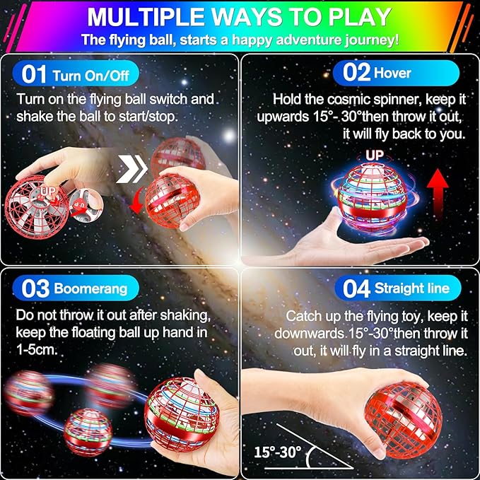 Flying Orb Ball Toy,2026 Upgrade Parachute LED,Magic Hand Controlled Mini Gravity Ball,Cosmic Globe Boomerang,Cool Thanksgiving Birthday Gift for 6 7 8 9 10+ Year Old Girls-Bright Red