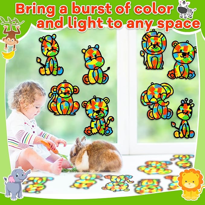32 Sets Woodland Animal Suncatchers Craft Kit DIY Window Stained Glass Effect Forest Jungle Animals Paper Craft Home School Classroom Decoration Kid Birthday Gift Creative Art Project Activity Game