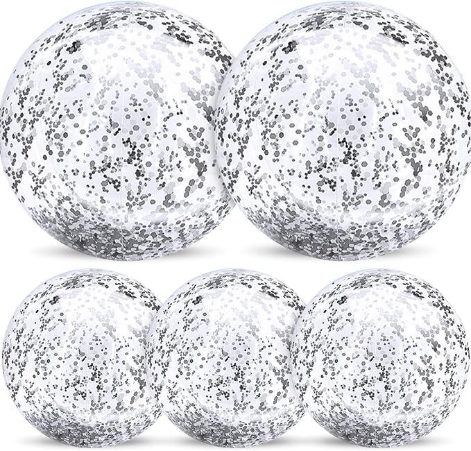 TURNMEON 5 Pack Sequins Beach Balls Pool Toys Balls 16 Inch 24 Inch Confetti Glitters Inflatable Clear Beach Ball Swimming Pool Water Beach Toys Summer Outdoor Party Favors for Kids Adults