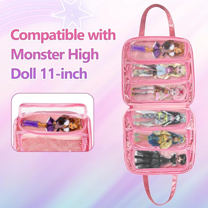 LoDrid Doll Case Compatible with Monster High Dolls with 6 Transparent Pockets for Display and Storage, Tote Bag with Front Pocket and Handle, Pink, Bag Only