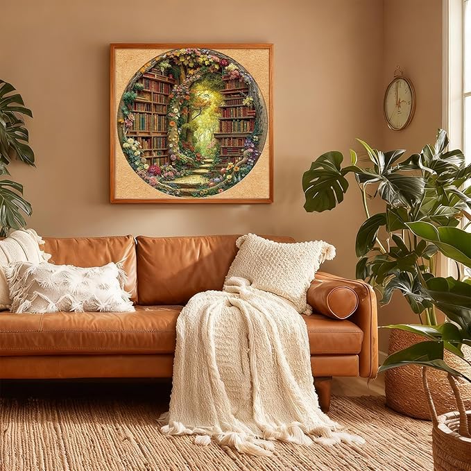 Round Jigsaw Puzzle 1000 Pieces - Enchanted Forest Library Design - 26.6" Circular Challenge, Book Lovers Aesthetic Decor, Mindful Activity Gift for Adults & Teens