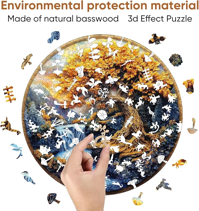 Qiuenisray Wooden Puzzles for Adults, Tree of Life Waterfall River Jigsaw Puzzles 200 Piece, FSC Certified Unique Shape Puzzles Piece, Wall Decor Wood Puzzle Creative Gift for Family Game 11.2x11.2 in