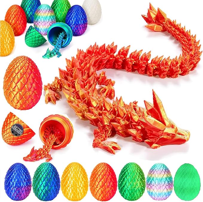 12 in 3D Printed Dragon Egg - Easter Basket Essentials Stuffers, Prefilled Easter Egg Filled with Toy for Kid Boys, Crystal Articulated Dragon Fidget Toys (Laser Red)