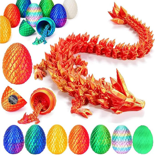 12 in 3D Printed Dragon Egg - Easter Basket Essentials Stuffers, Prefilled Easter Egg Filled with Toy for Kid Boys, Crystal Articulated Dragon Fidget Toys (Laser Red)