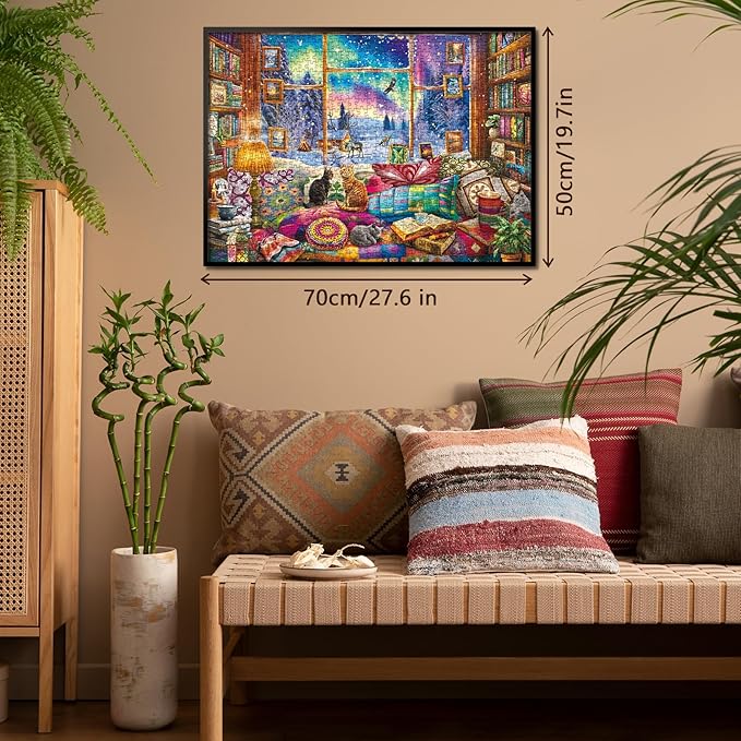Winter Book Nook Puzzle 1000 Piece for Adult, Cozy Cabin Northern Lights Jigsaw Puzzle, Cat Animals Puzzles
