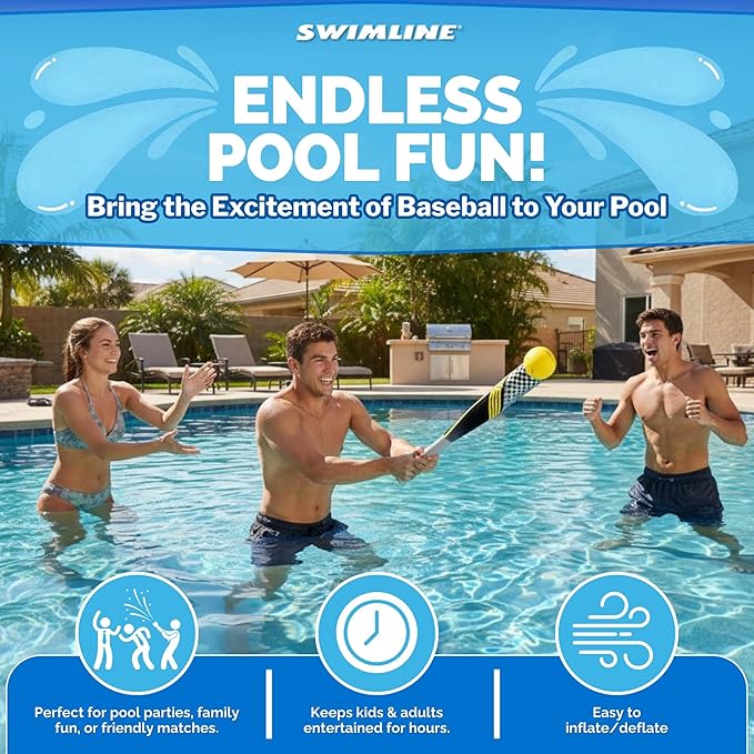 SWIMLINE Neoprene Pool & Beach Accessory for Active Group Play, Backyard Games, and Water Sports – Waterproof Soft Baseball & Bat Set, Black & Yellow